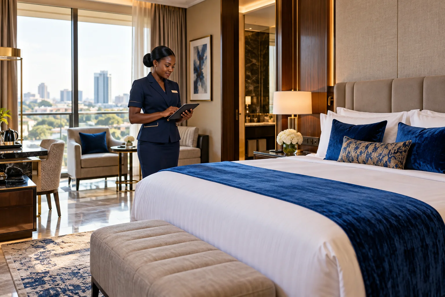 Hospitality professional checking a guest suite with a tablet