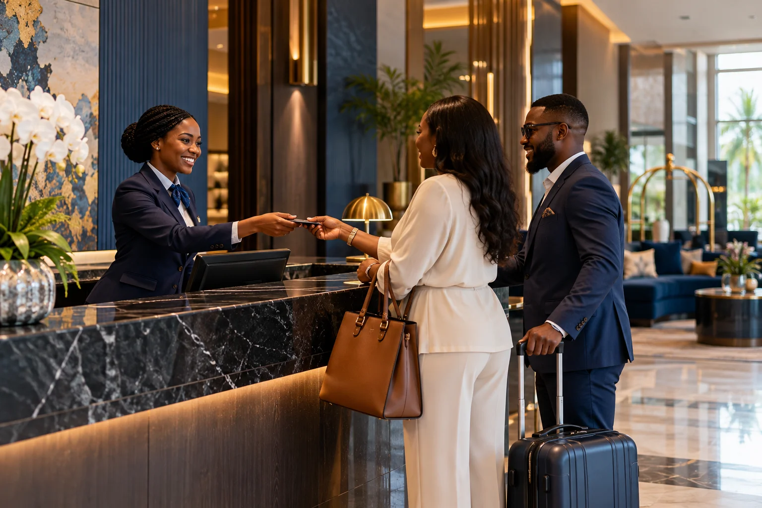 Hotel receptionist welcoming guests at a contemporary reception