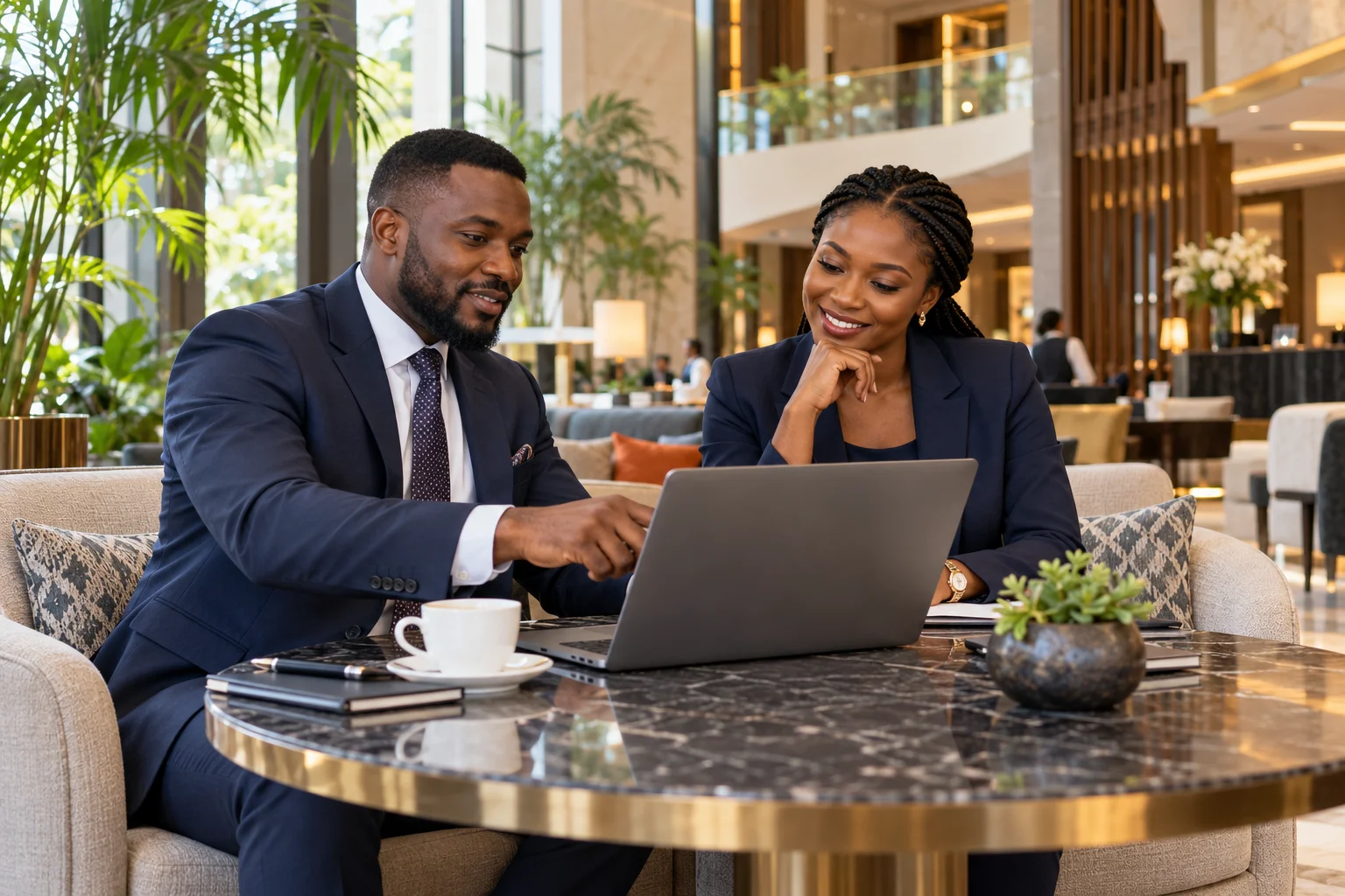 Hospitality managers reviewing property operations together on a laptop